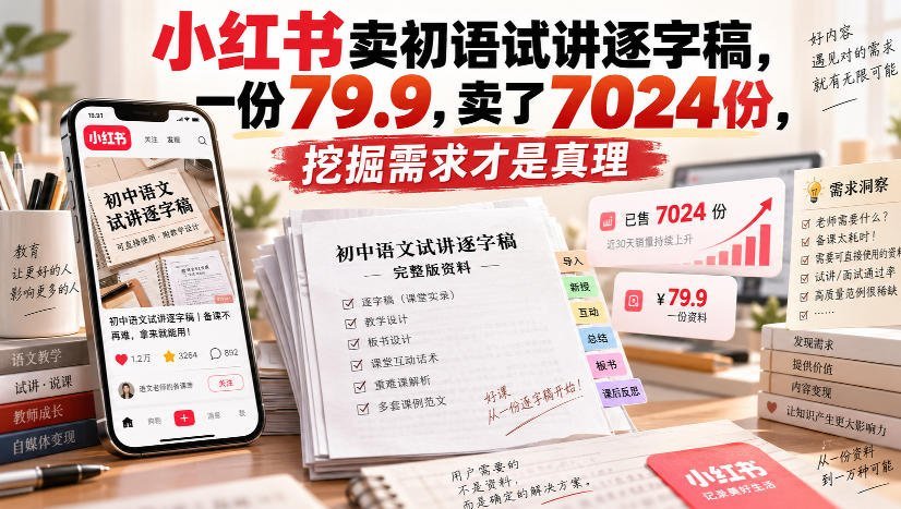 【2026.09.14】小红书爆款揭秘:初语试讲逐字稿单价79.9元狂销7024份,抓住需求才是硬道理!-小鱼项目网