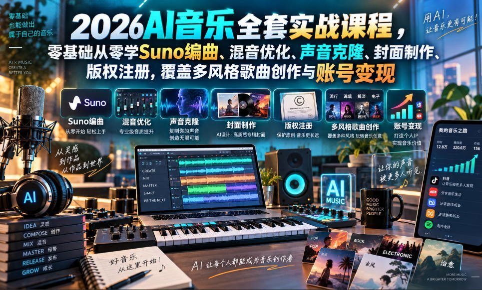 【2026.09.19】零基础AI音乐实战课:Suno编曲混音、声音克隆与版权注册,多风格创作到账号变现全攻略-小鱼项目网