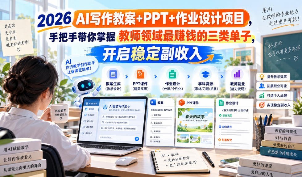 【2026.09.19】AI写作教案、PPT与作业设计实战:掌握教师最赚钱的三类接单方向,轻松开启稳定副业收入-小鱼项目网