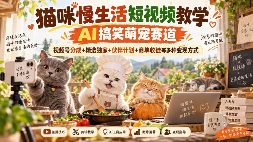 【2026.09.22】萌宠AI搞笑短视频课:解锁猫咪慢生活,视频号分成+独家精选+伙伴计划+商单收徒全攻略-小鱼项目网