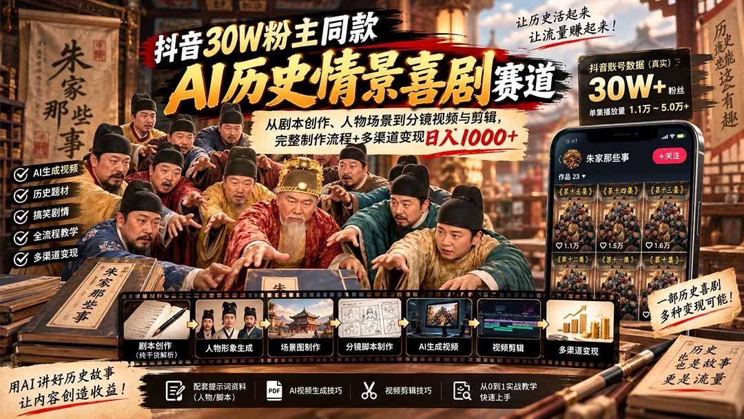 【2026.09.23】30万粉抖音大V亲授:AI历史情景喜剧全流程实战,从剧本到剪辑再到日入过千变现秘籍-小鱼项目网