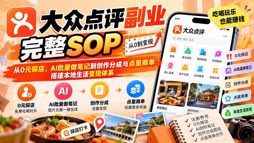【2026.09.24】大众点评副业全攻略:零成本探店、AI批量笔记、创作分成与点星商单,打造本地生活变现闭环-小鱼项目网