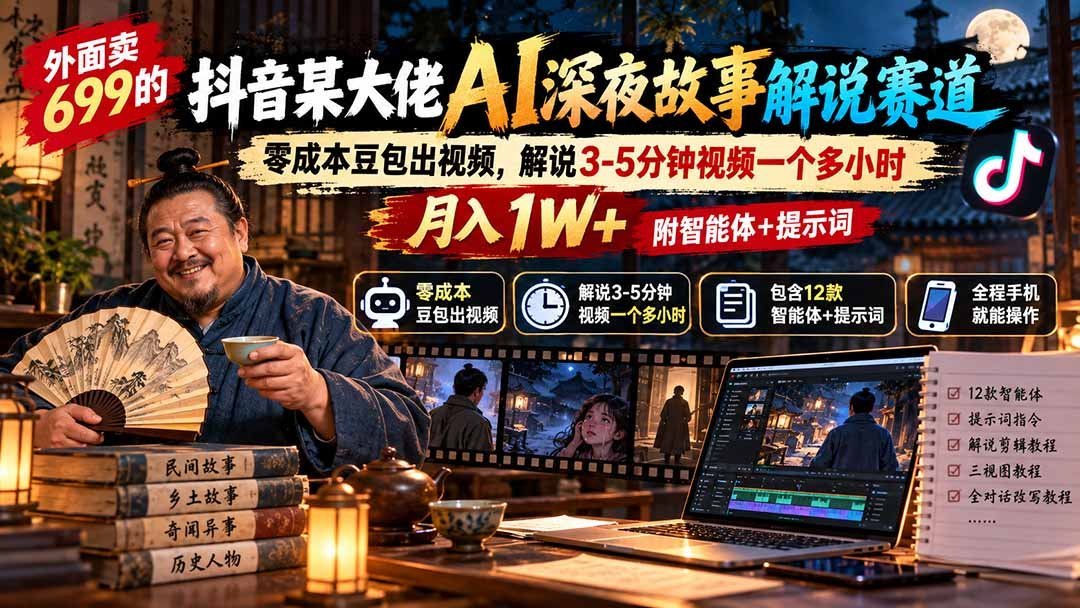 【2026.09.25】抖音大佬AI深夜故事解说玩法:豆包零成本做3-5分钟视频,单条耗时1小时,月入过万附智能体与提示词-小鱼项目网