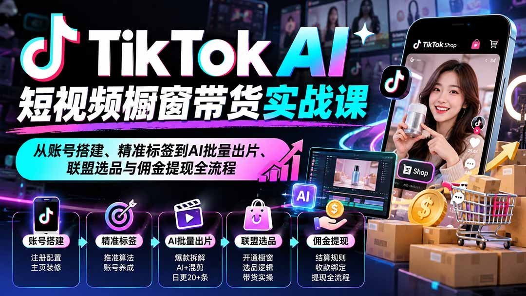 【2026.09.30】TikTok AI短视频带货全攻略:账号搭建、精准标签、AI批量制作、联盟选品与佣金提现实战解析-小鱼项目网