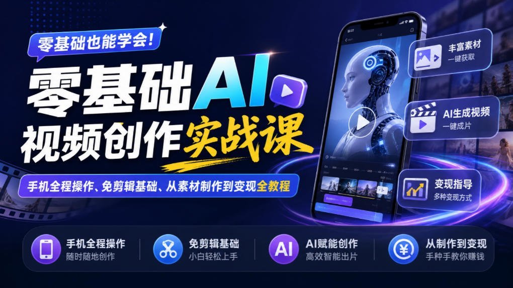 【2026.09.30】手机就能搞定AI视频!零基础玩转素材制作到变现全流程-小鱼项目网