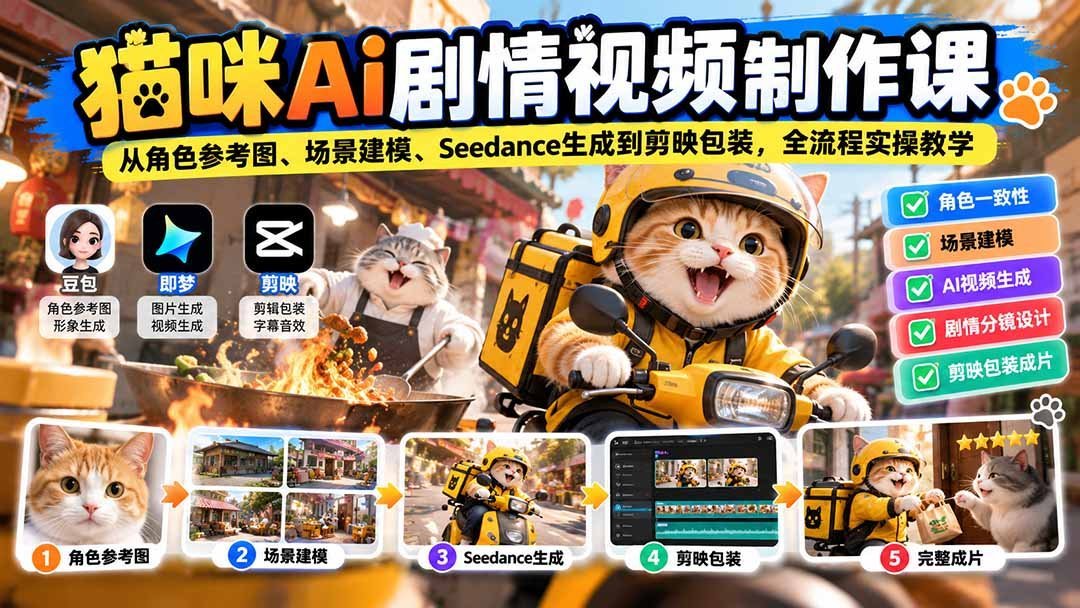 【2026.10.03】猫咪AI剧情视频全流程实战课:角色参考图、场景建模、Seedance生成与剪映包装一站式掌握-小鱼项目网
