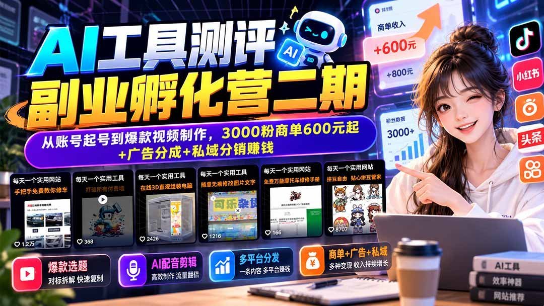【2026.10.04】AI工具测评副业孵化营二期:从零起号到爆款视频,3000粉即可接600元商单,广告分成+私域分销多重变现-小鱼项目网