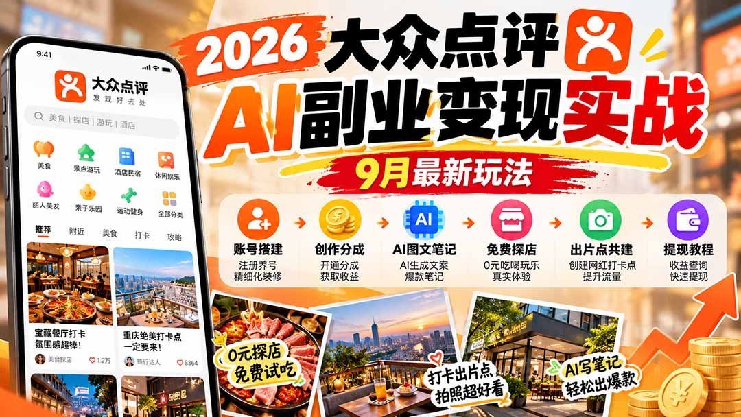 【2026.10.09】大众点评AI副业变现全攻略:账号搭建、创作分成、AI图文笔记、免费探店、出片点共建与提现全流程-小鱼项目网