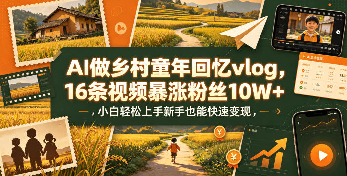 AI做乡村童年回忆vlog,16条视频暴涨粉丝10W+,小白轻松上手新手也能快速变现