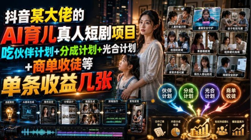 【2026.07.18】抖音大佬揭秘:AI育儿短剧项目,伙伴分成+光合商单,单条收益轻松过千!-小鱼项目网