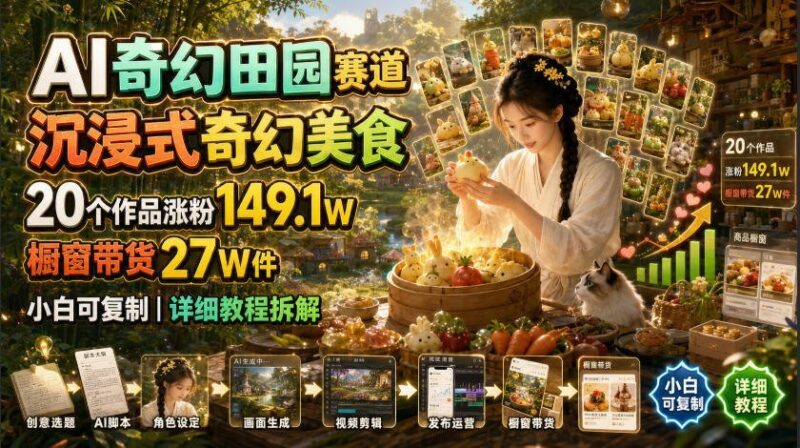 【2026.07.18】AI奇幻田园风:沉浸式美食创作,20个作品涨粉149万,橱窗带货27万件,新手也能轻松复制的详细教程-小鱼项目网
