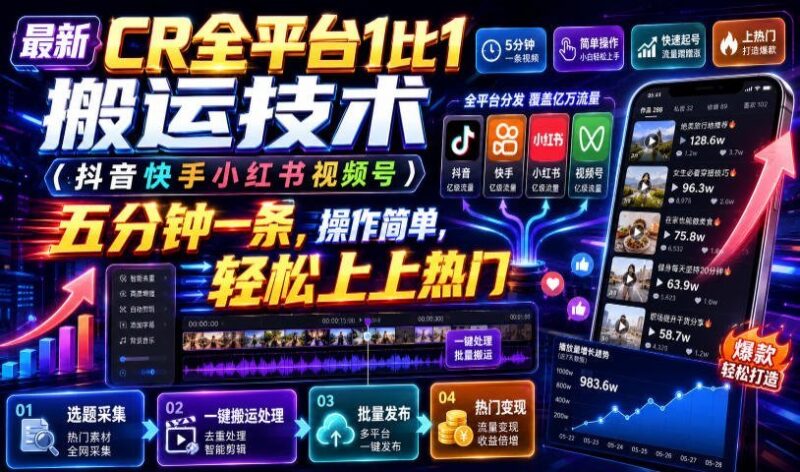 【2026.07.20】最新全平台1比1搬运黑科技,抖音快手小红书视频号通用,五分钟搞定一条,操作简单轻松上热门(附教程+软件+参数)-小鱼项目网