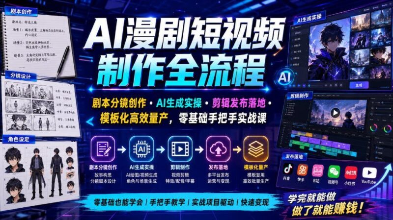 【2026.07.20】AI漫剧短视频全流程实战:剧本分镜、AI生成、剪辑发布、高效量产,零基础也能上手!-小鱼项目网
