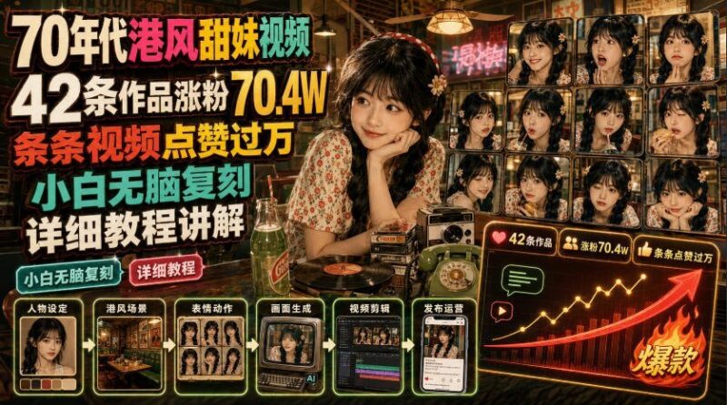 【2026.07.20】70年代港风甜妹视频:42条作品狂涨70万粉,条条爆款点赞破万!小白零基础复刻,手把手教程拆解-小鱼项目网