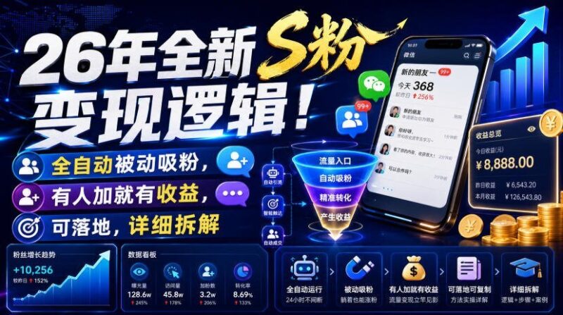 【2026.07.20】26年全新S粉变现模式！全自动被动吸粉，加好友即收益，可实操，深度拆解-小鱼项目网