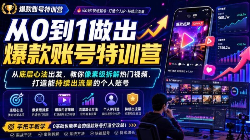 【2026.07.22】从零打造爆款账号特训营:底层心法+像素级拆解热门视频,教你持续产出高流量个人IP-小鱼项目网