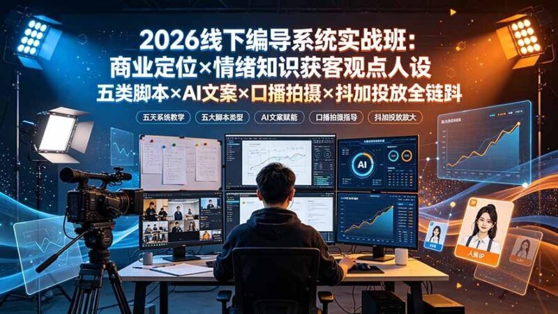 【2026.07.23】2026线下编导实战班:商业定位+情绪获客+观点人设+五类脚本+AI文案+口播拍摄+抖加投放,全链路一站式掌握!-小鱼项目网