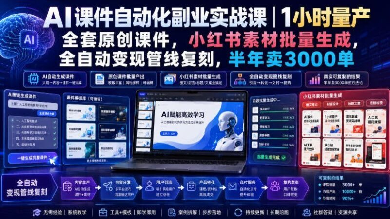【2026.07.23】AI课件自动化副业实战:1小时量产原创课件,小红书批量生成素材,全自动变现管线复刻,半年售出3000单-小鱼项目网