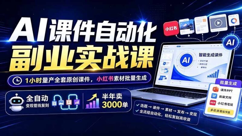 【2026.07.24】AI课件自动化副业实战:1小时搞定全套原创课件,小红书素材批量生成,全自动变现管线助力半年卖出3000单-小鱼项目网