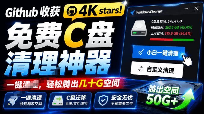 【2026.07.24】Github爆火4K星!这款免费C盘清理神器,轻松释放几十G空间,还支持系统迁移!-小鱼项目网