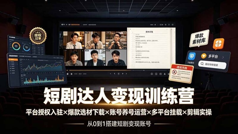 【2026.07.26】短剧变现训练营:从平台授权到爆款选材,再到账号运营与剪辑实操,全流程教你轻松上手!-小鱼项目网