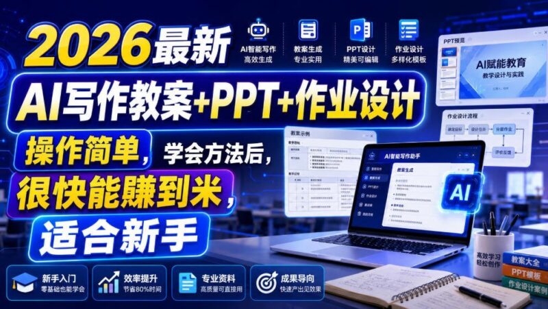 【2026.07.26】2026最新AI写作教案+PPT+作业设计,简单易学,新手也能快速上手赚钱-小鱼项目网