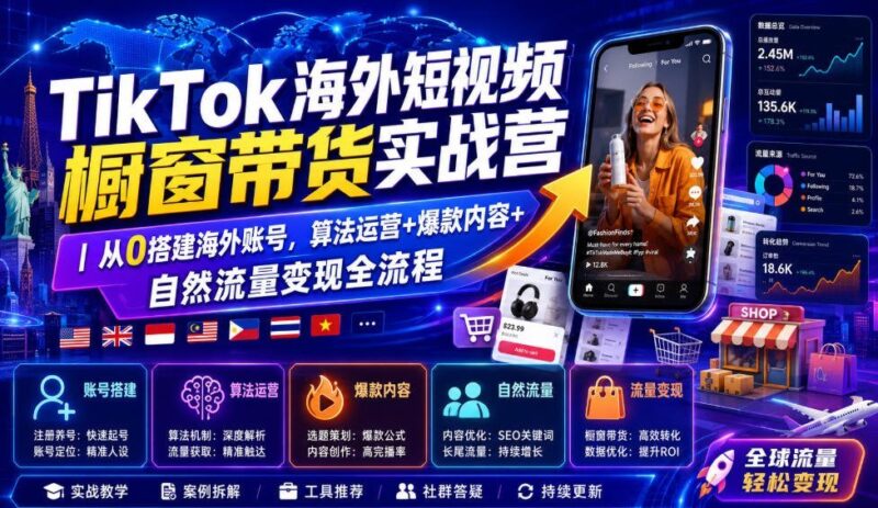 【2026.07.27】TikTok海外短视频带货实战营｜零基础搭建海外账号，玩转算法运营、爆款内容与自然流量变现全流程-小鱼项目网