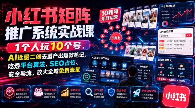 【2026.07.27】小红书矩阵实战：一个人运营10个账号，用AI批量去重打造爆款笔记，掌握平台算法、SEO占位与安全导流，引爆全域免费流量-小鱼项目网