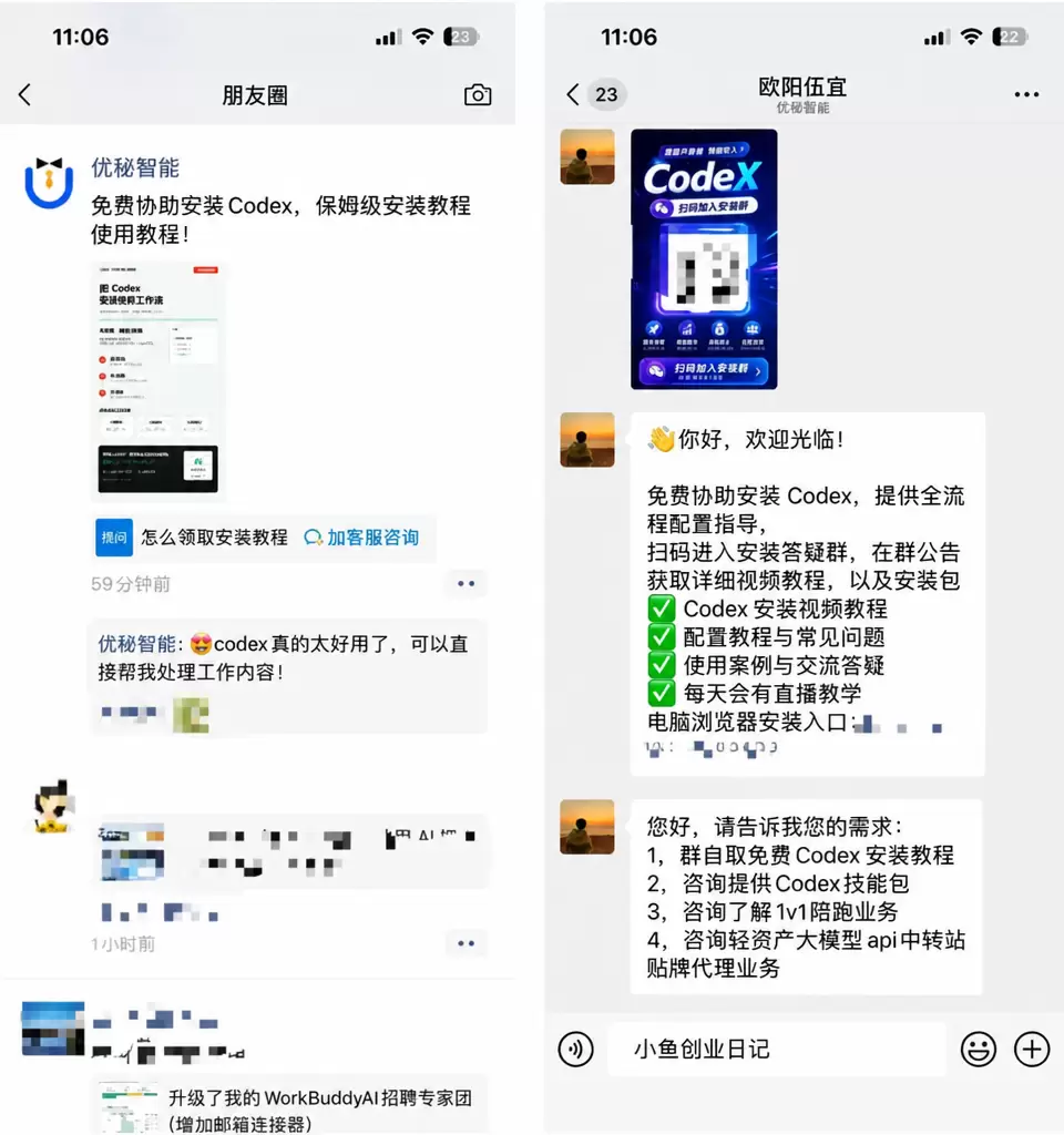 看图，有人在微信朋友圈投流获客做Codex安装，答疑 先把人-小鱼项目网