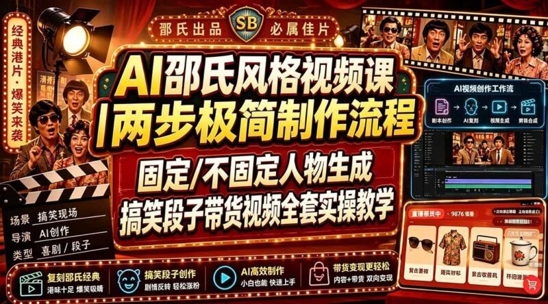 【2026.07.29】AI邵氏风格视频课|极简两步生成法,固定/多变角色打造,段子带货全流程实战解析-小鱼项目网