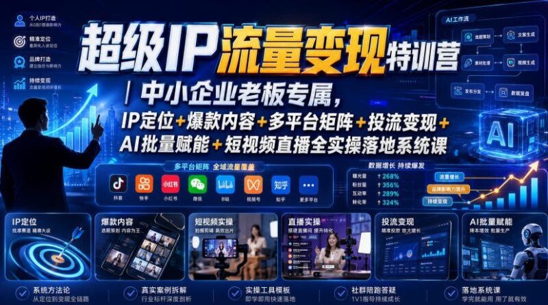 【2026.07.30】中小企业老板必看:超级IP流量变现实战课|IP定位+爆款内容+全平台矩阵+投流变现+AI赋能+短视频直播落地系统-小鱼项目网