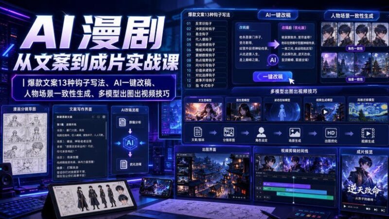 【2026.08.03】AI漫剧全流程实战:13种爆款钩子文案、AI一键改稿、角色场景统一生成、多模型出图出片技巧-小鱼项目网