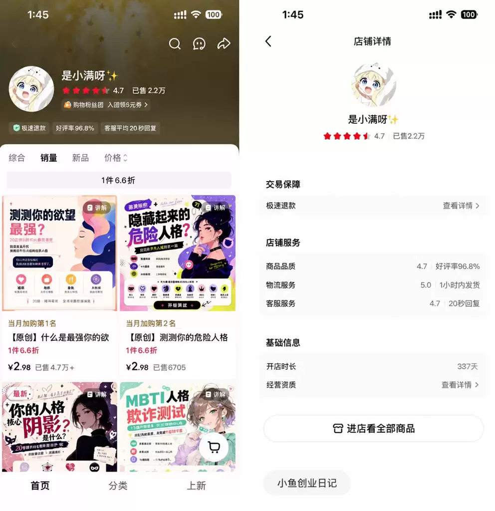看图，这家小红书无货源虚拟店铺，核心变现模式为售卖测评实用链-小鱼项目网