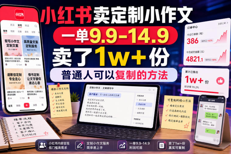 小红书卖定制小作文,一单9.9-14.9,卖了1w+份,普通人可以复制的方法
