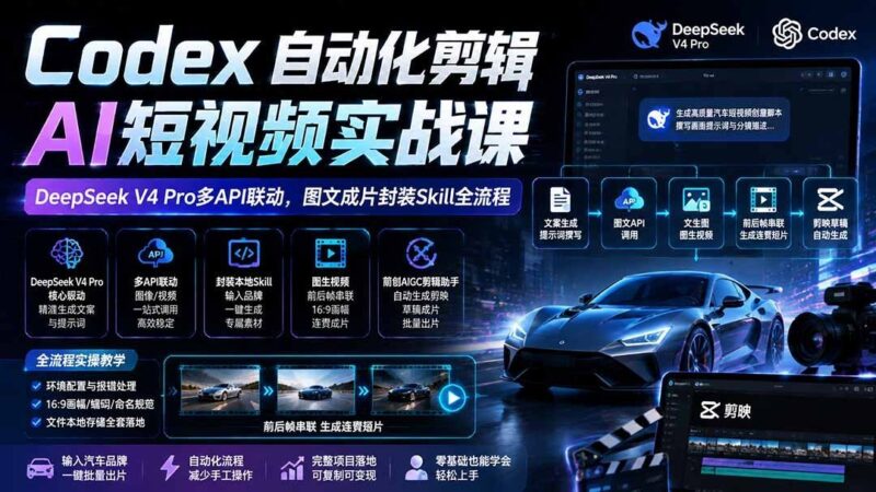 【2026.08.05】Codex自动化剪辑实战:DeepSeek V4 Pro多API联动,图文成片Skill全流程拆解-小鱼项目网
