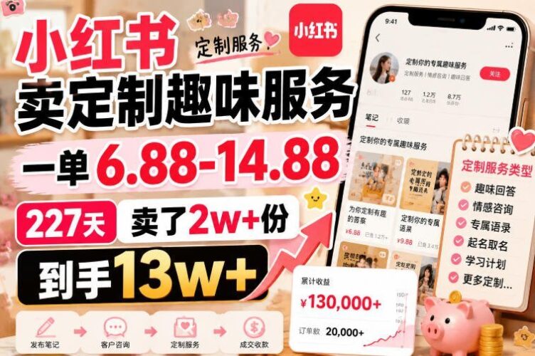 【2026.08.05】小红书卖“情绪定制”小服务，客单价6.88-14.88，227天狂出2万+单，净赚13万+-小鱼项目网