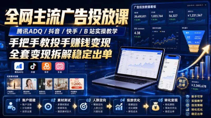 【2026.08.06】腾讯ADQ、抖音、快手、B站全平台广告实操课:投手手把手教你稳定变现,拆解出单全流程-小鱼项目网