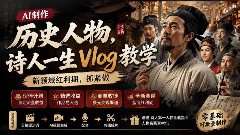 【2026.08.07】历史人物诗人一生Vlog教程,AI创作新风口,商单变现红利期,速来抢占先机!-小鱼项目网