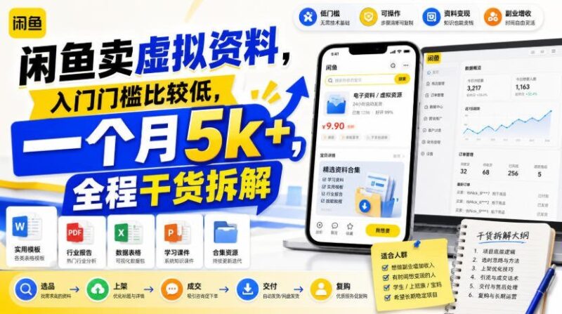 【2026.08.08】闲鱼卖虚拟资料,零基础也能月入5k+,手把手全流程拆解-小鱼项目网