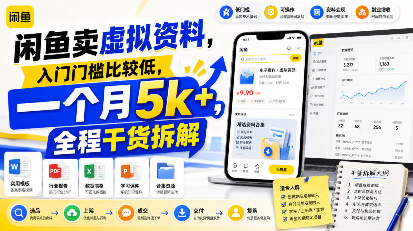 闲鱼卖虚拟资料,入门门槛比较低,一个月5k+,全程干货拆解