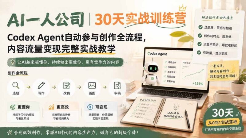 【2026.08.10】AI一人公司|30天实战训练营:Codex Agent全流程自动化创作,内容变现从0到1落地指南-小鱼项目网