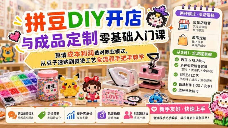 【2026.08.12】拼豆创业全攻略:零基础开店+定制接单,成本利润精算与工艺实操一学就会-小鱼项目网