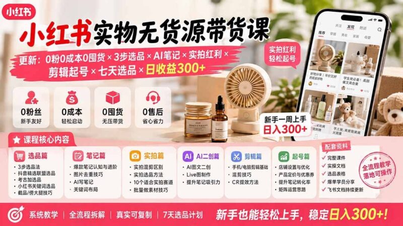 【2026.08.12】0粉0成本0囤货,小红书实物带货3步选品+AI笔记+实拍红利,7天日入300+-小鱼项目网