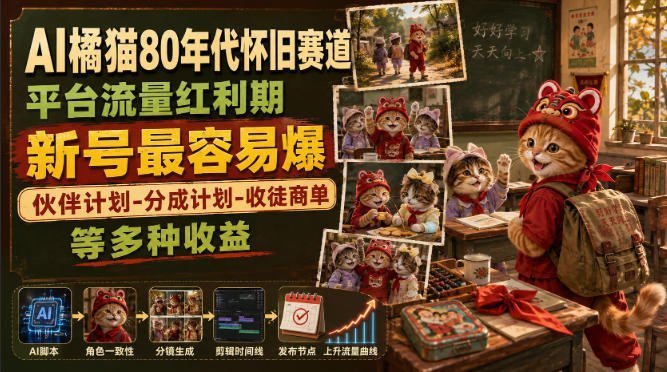 【2026.08.12】AI橘猫带你穿越80年代怀旧赛道,新号红利期轻松爆款,伙伴分成+收徒商单多重收益等你来!-小鱼项目网