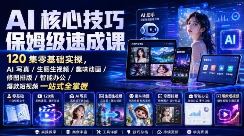 【2026.08.13】AI技能一站式精通|120集零基础实战,AI写真/生图生视频/趣味动画/修图排版/智能办公/爆款短视频全搞定-小鱼项目网