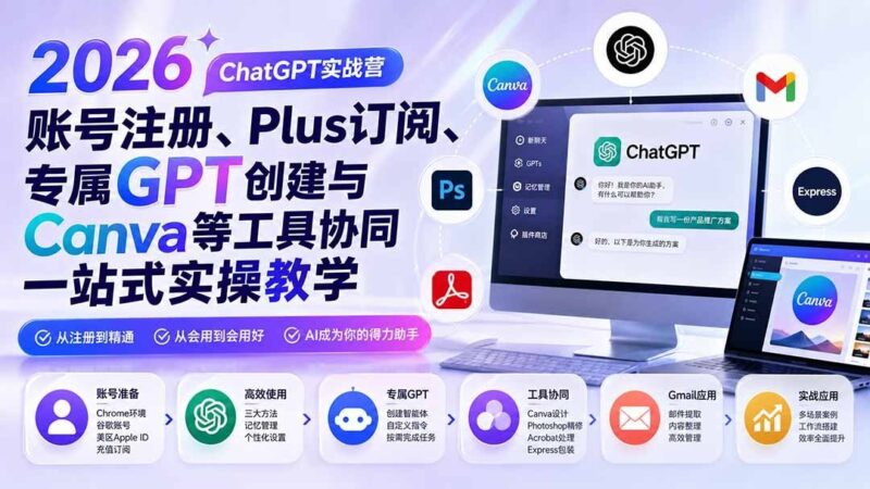 【2026.08.17】🚀2026 ChatGPT实战营|从账号注册到Plus订阅,手把手教你打造专属GPT,联动Canva等工具一站式搞定!-小鱼项目网