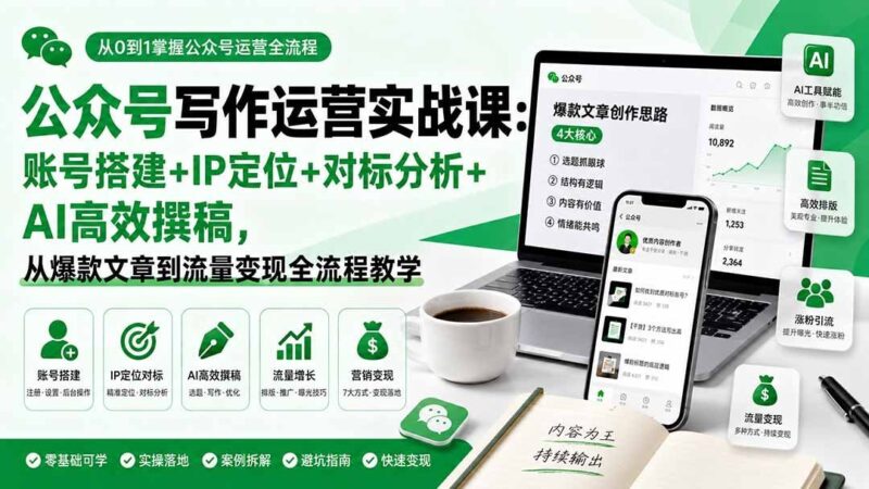 【2026.08.17】公众号写作运营全攻略：从账号搭建到AI爆文变现，一站式实战教学-小鱼项目网