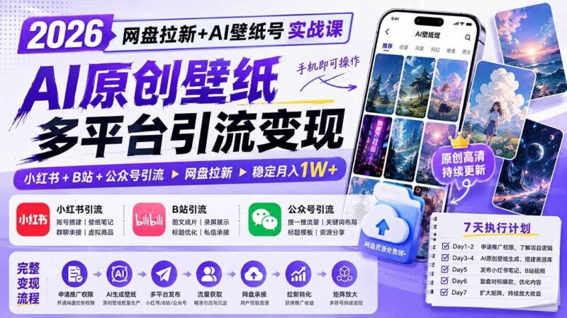 【2026.08.18】AI壁纸号月入过万实操课:网盘拉新+小红书+B站+公众号,手机搞定全自动引流-小鱼项目网
