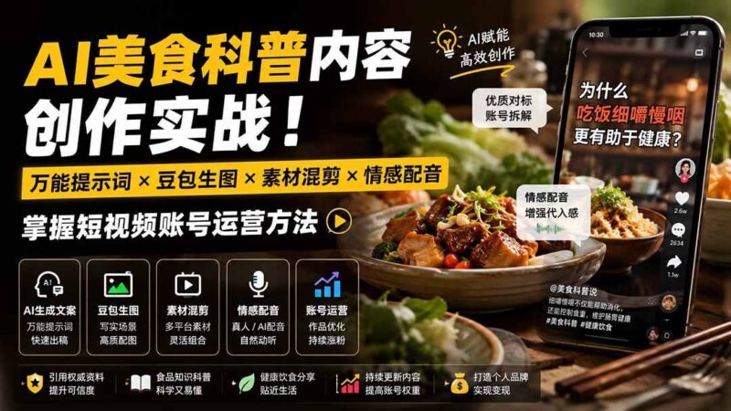 【2026.08.18】AI美食号从0到1：万能提示词×豆包生图×情感配音，手把手教你打造爆款短视频账号-小鱼项目网