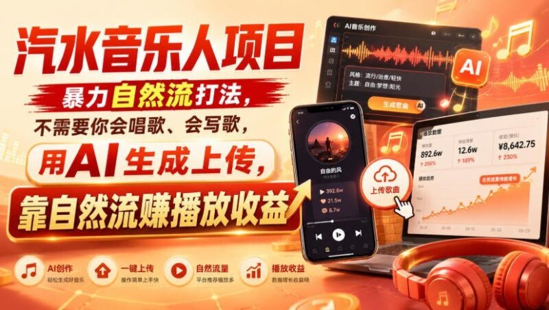 【2026.08.22】AI音乐副业新风口:零基础用“暴力自然流”玩法,躺着赚取播放收益-小鱼项目网